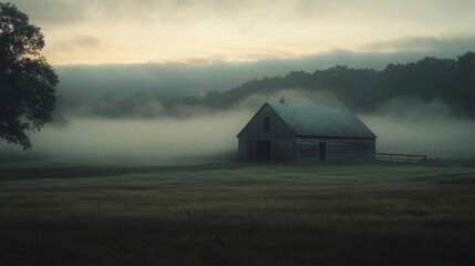Old Wooden Barn in Foggy Field at Sunrise