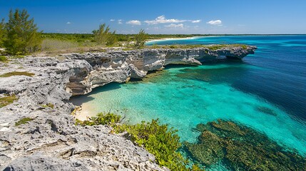 Coastal cliff, turquoise water, beach cove, Caribbean island, scenic landscape, travel brochure