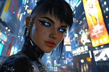 Obraz premium Futuristic Cyberpunk Woman with Metallic Piercings A cyberpunk-inspired woman with metallic silver piercings