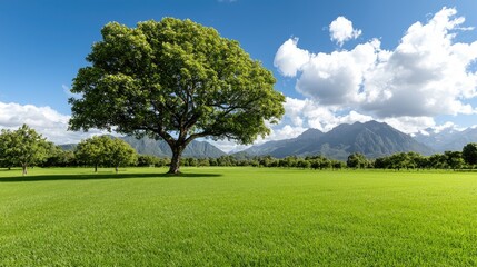 Obraz premium Lush green field, single tree, mountain backdrop; nature serenity