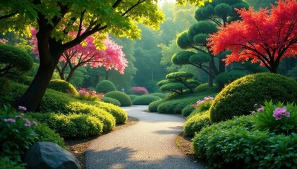 Obraz premium Serene path winding through vibrant Japanese garden , stones, blossom, green