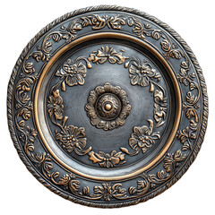 A medieval plate with intricate engravings and an antique finish. A perfect addition to historical and rustic designs. Isolated on a transparent background.