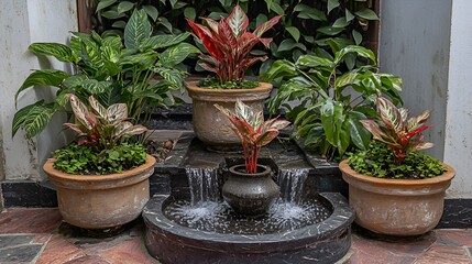 Tropical plants, terracotta pots, cascading water feature, courtyard, peaceful garden design