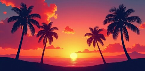 Silhouetted palm trees against vibrant summer sunset sky, relaxing, sunset, caribbean