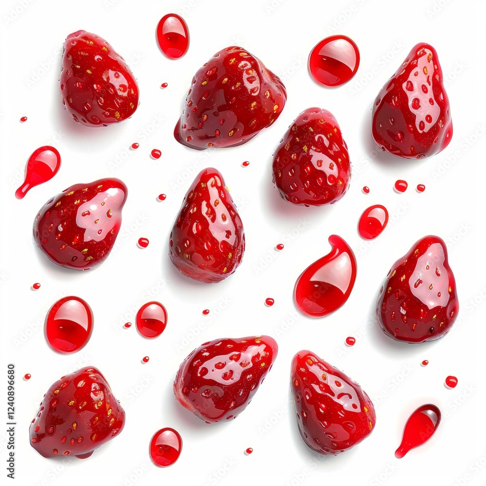 Poster fresh strawberries dipped in syrup, creating a visually appealing design on a white backdrop