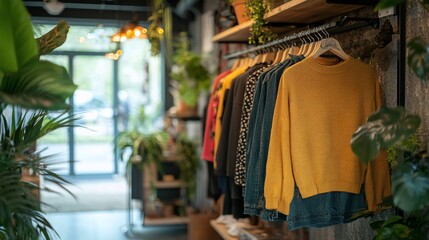 Fototapeta premium Stylish sweaters hanging in a plant-filled boutique