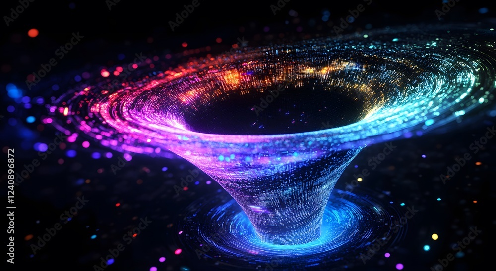 Poster abstract digital data technology flowing in a bright funnel digital illustration. big digital funnel