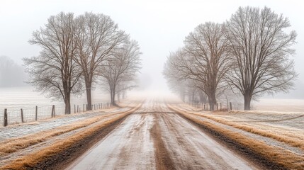 Snowy Road Through Foggy Winter Field
