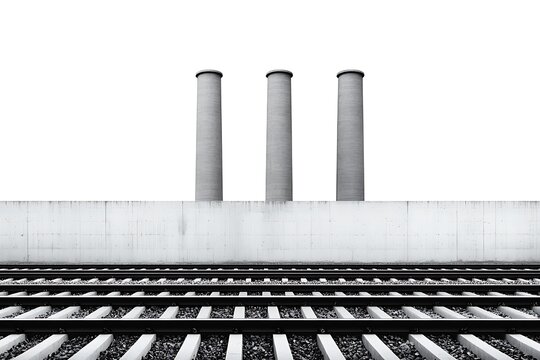 Three tall smokestacks rise above a minimalistic landscape, framed by parallel railway tracks leading into the distance against a stark white backdrop.
