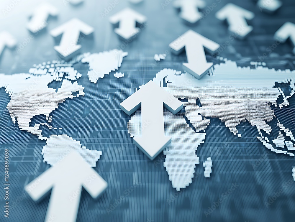 Aufkleber the image features a world map with upward arrows, symbolizing growth, progress, and global developm