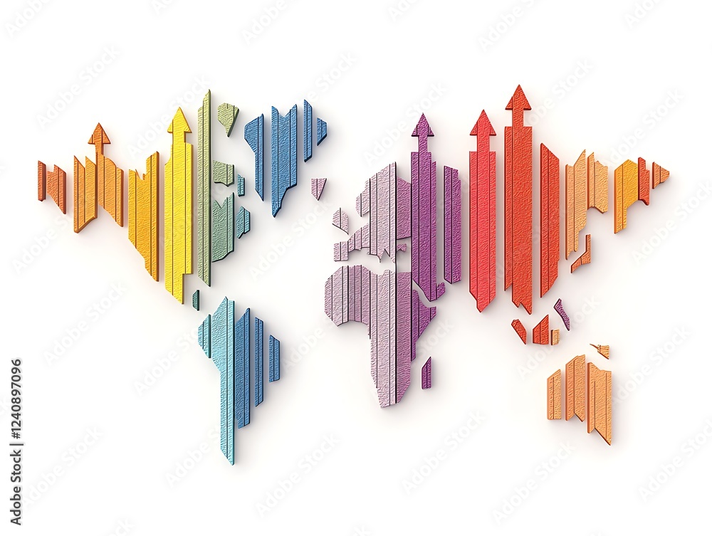 Poster a colorful, stylized world map created with vertical lines and arrows, symbolizing growth and direct