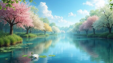 Serene River Landscape with Blossoming Trees and Water Lily
