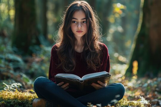 A young girl with long brown hair sits cross-legged in a forest, engrossed in reading a book.