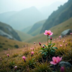 Obraz premium A delicate pink flower bush thrives in the misty highland air, landscape, mist