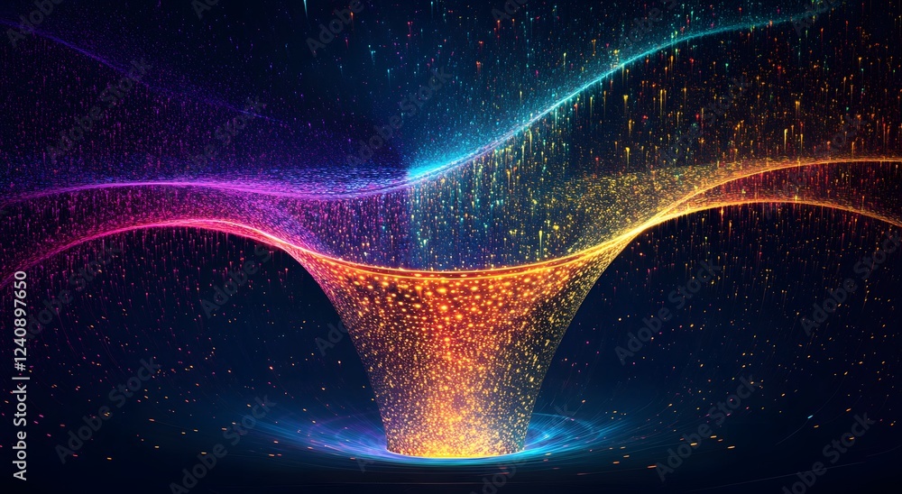 Poster abstract digital data technology flowing in a bright funnel digital illustration. big digital funnel