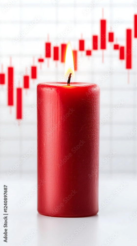 Poster a red candle with a lit flame in front of a graph showing upward trends.