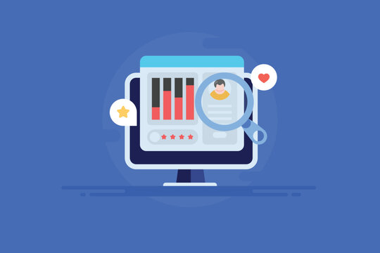 Customer behaviour tracking and profile analytics, marketing data for online ad campaign and target audience on internet platform, vector illustration.