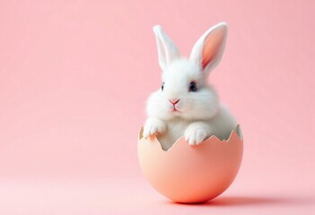 Obraz premium White bunny rabbit sitting in peach eggshell on pink background. Cute Easter decoration concept. Holiday symbol for greeting cards and decor with copy space