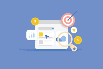 Search engine marketing, ad targeting on search engine page, pay per click advertising link display on internet. Business promotion with ad spend budget concept. Vector illustration.