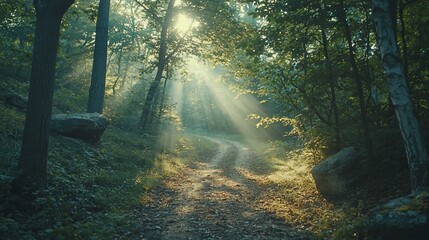 Fototapeta premium Sunbeams illuminate forest path, misty morning. Nature background, idyllic scene