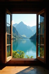 Wooden window of a mountain lodge overlooking a serene lake, lodge, calm, reflection