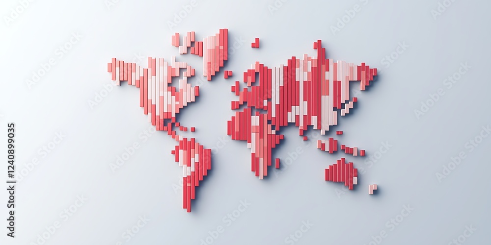 Poster a stylized world map created with red blocks, giving a modern and abstract representation of global 