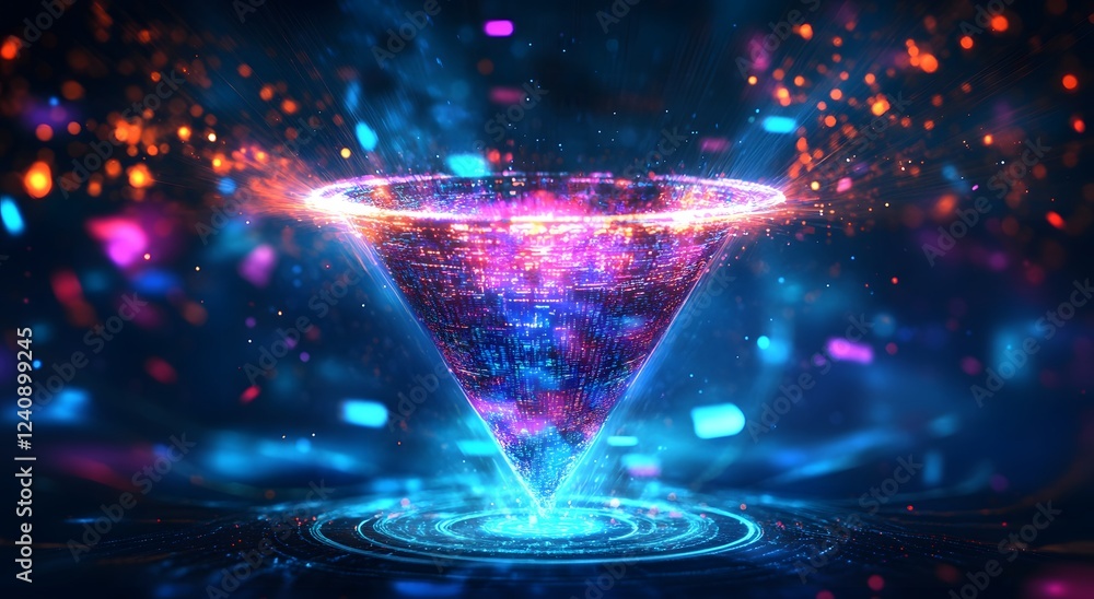 Poster abstract digital data technology flowing in a bright funnel digital illustration. big digital funnel