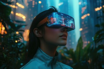 A woman wearing futuristic VR glasses, experiencing a vibrant cityscape overlayed on a tropical setting.