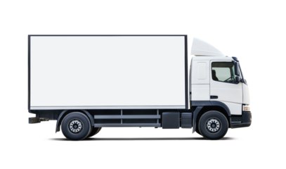Side view of white delivery truck with empty cargo box, copy space, isolated in transparent PNG, logistics, shipping, transportation, moving services concept