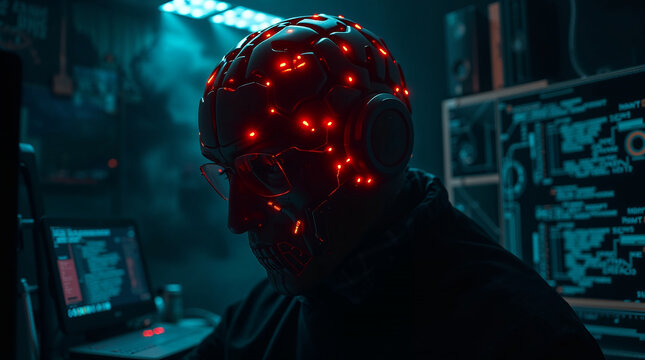 Hacker wearing brain computer interface working on laptop and computer in dark room