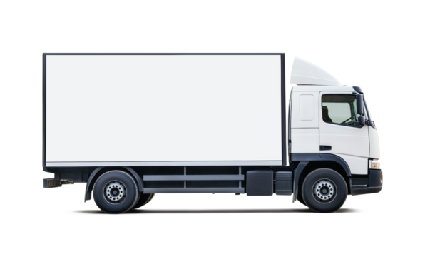 Side view of white delivery truck with empty cargo box, copy space, isolated in transparent PNG, logistics, shipping, transportation, moving services concept