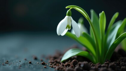 Obraz premium Snowdrop flower's white petals glisten on dark surface, macro, background