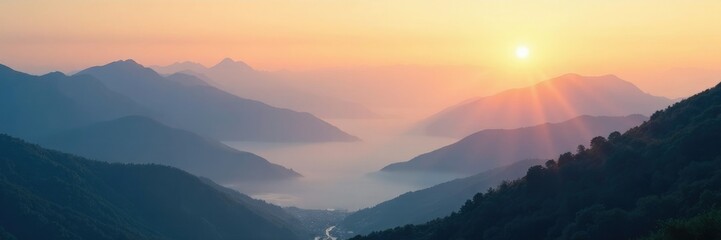 Soft morning light filtering through mountains peaks, fog, serene, sunrise