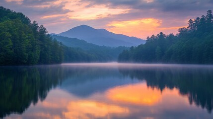 Fototapeta premium Misty Lake Sunrise with Mountain Reflections