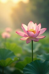 Fototapeta premium Soft peach and gold lotus flowers in a gentle morning mist, serene, soft peach, atmospheric