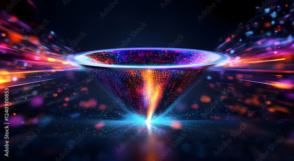 Poster abstract digital data technology flowing in a bright funnel digital illustration. big digital funnel