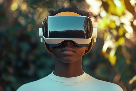A young woman of color wearing a VR headset outdoors in a natural setting.