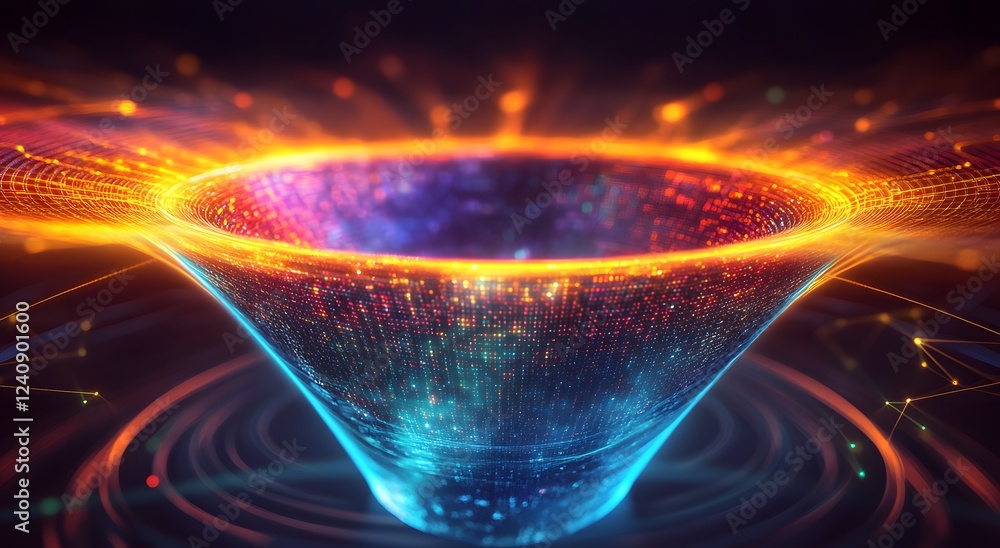 Poster abstract digital data technology flowing in a bright funnel digital illustration. big digital funnel