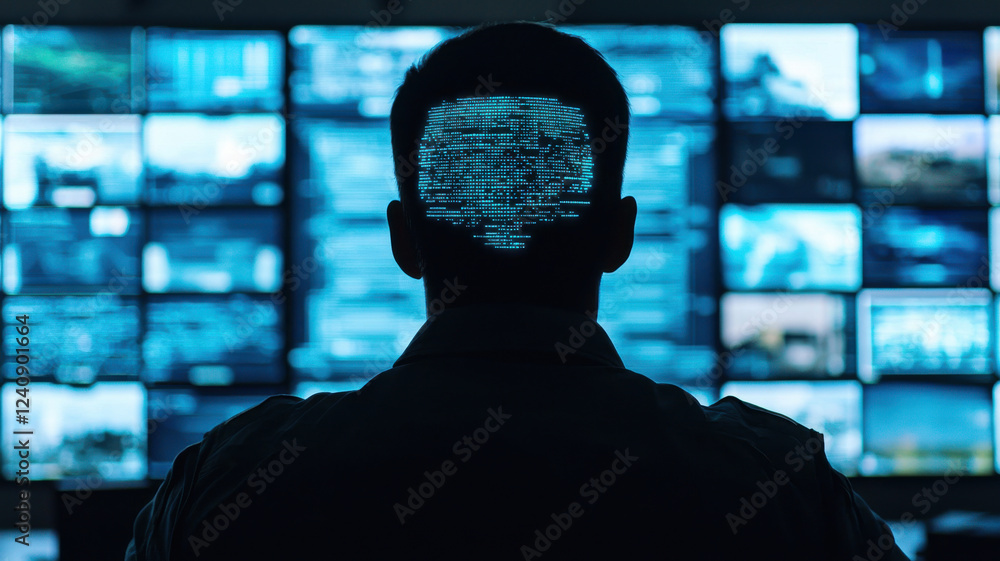 Poster ai in business and industry concept, person observing digital display with data visualization and cy