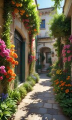 Fototapeta premium Sunny courtyards with blooming flowers and lush greenery , architecture, tranquility, outdoor space