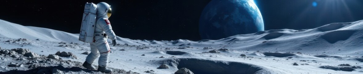 Obraz premium Astronaut views distant blue Earth from lunar surface, celestial, background, spectacular