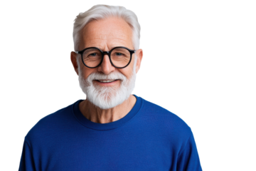 Smiling senior man with white beard and glasses wearing a blue sweater

