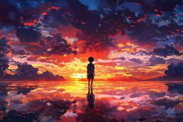 Fototapeta premium Silhouette of a Child Against a Vibrant Sunset Over a Reflective Ocean with Dramatic Clouds