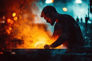 A blacksmith meticulously shapes glowing metal, sparks flying in a fiery forge, showcasing intense craftsmanship.