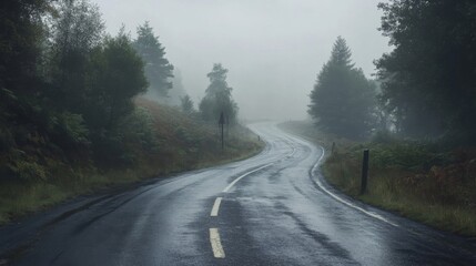 Naklejka premium Winding Road Through Misty Forest