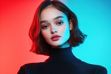 Fototapeta premium A close-up portrait of a young woman with a bob haircut, illuminated by contrasting red and blue lights, creating a striking visual impact. Colorful Glow, Dual-Tone Studio Lighting