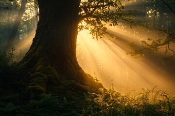 Sunbeams through forest tree, misty morning, nature background, peaceful scene