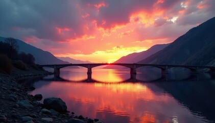 Obraz premium Dramatic sunrise over Kylesku Bridge, silky smooth water, stunning colors , exterior, color