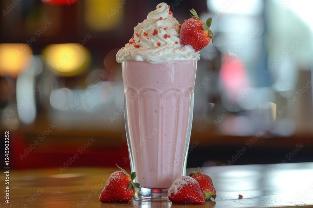 Poster refreshing strawberry milkshake topped with whipped cream and fresh strawberries, served on a bar co