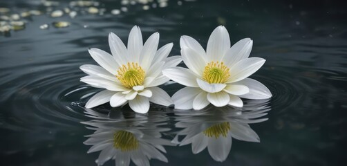 White flower bobbing gently on the water's surface, aquatic plant, calmness, white blossom